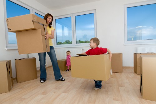 Boxes and furniture prepared for transport by removal van